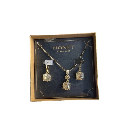 Monet Gold Tone Round Rhinestone Dangle Earrings and Necklace set Brand NEW - Picture 1 of 13